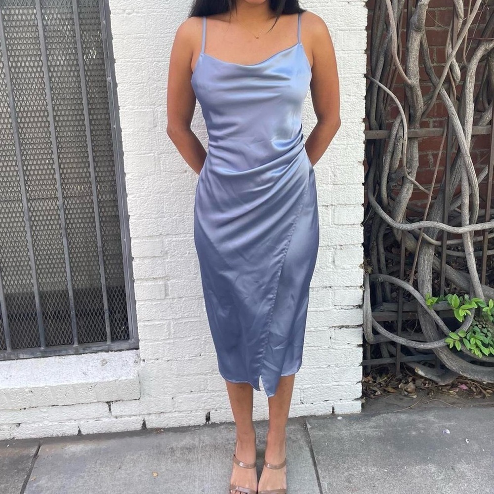 NWT Blue satin midi dress with cowl neckline and asymmetrical hem SZ s - Picture 3 of 5